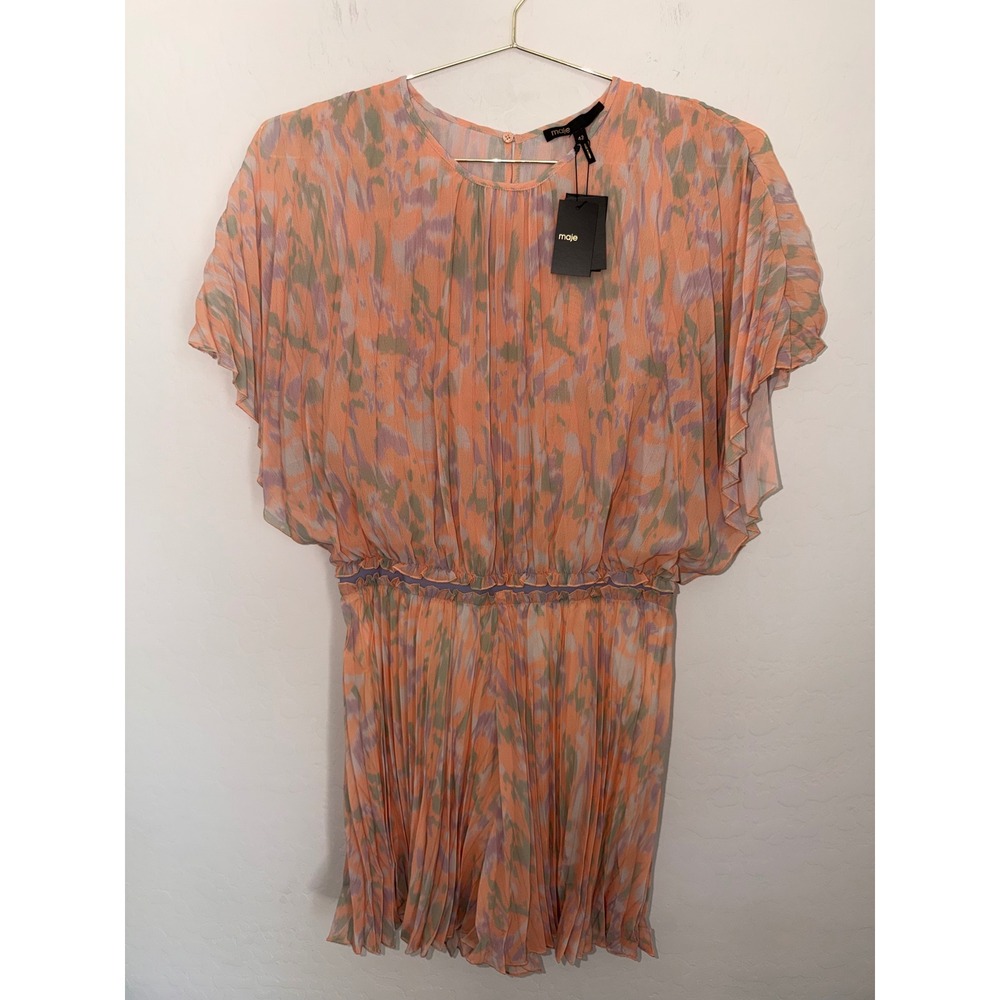 Maje Peach Lavender Abstract Pleated Romper Short Sleeve Back Cutout Size 42 NEW